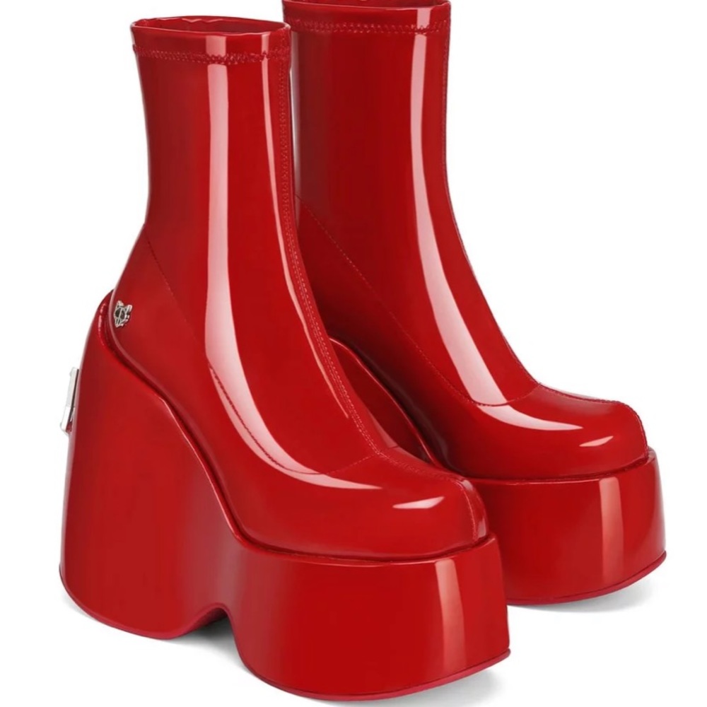 Naked Wolfe mayhem red patent platform boots